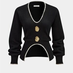 NWT Commense Buttoned Contrast Fringe Split Sweater Black Sz Small